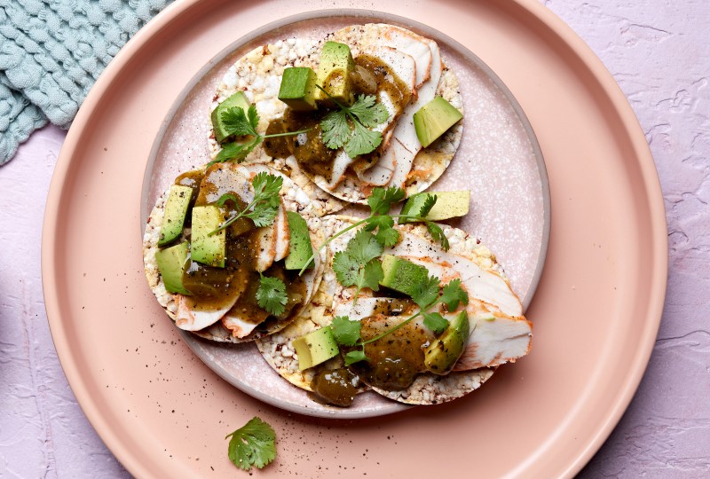 Smoked Chicken, Avocado, Tomatillo Salsa & Coriander on Corn Thins slices