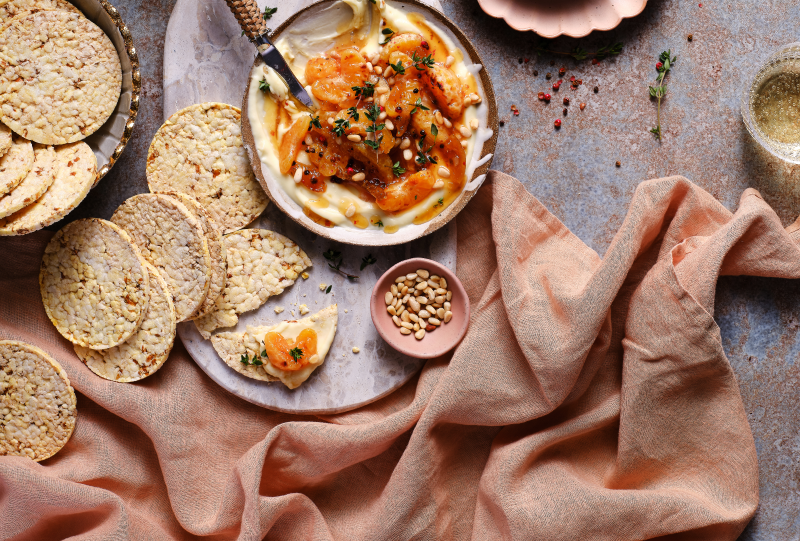 Whipped Brie with Grilled Marmalade & Mandarin Dip with Corn Thins slices
