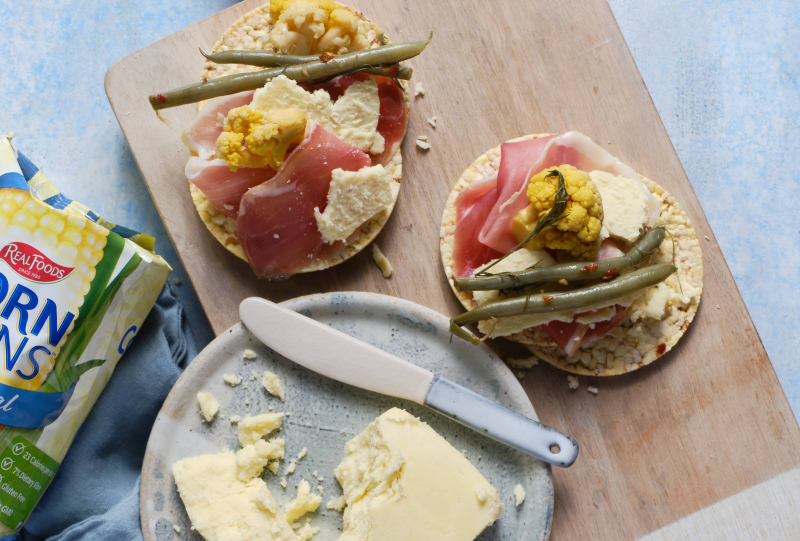 Prosciutto, Vintage Cheddar & Dill Pickle Veggies on Corn Thins slices