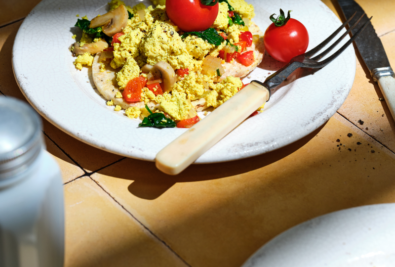Plant Based Scramble with Mixed Vegetables on Corn Thins slices