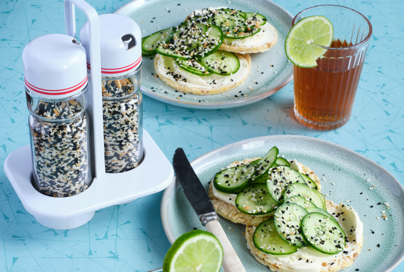 Cream Cheese, Cucumber & Everything Bagel Seasoning on Corn Thins slices