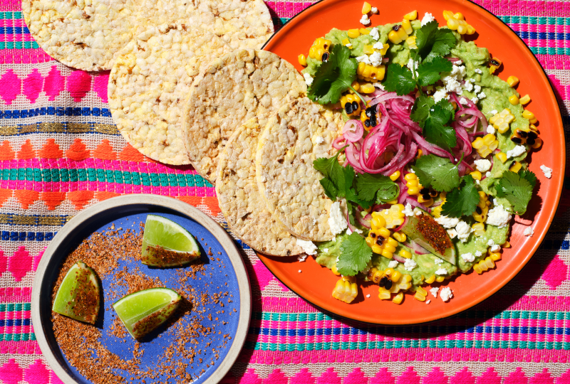 Chunky Guacamole, Pickled Onion, Feta & BBQ corn with Corn Thins slices