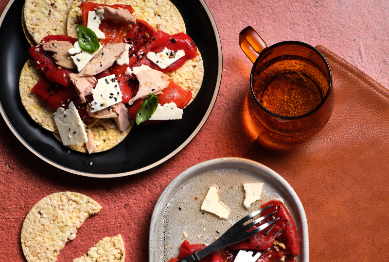 Marinated Grilled Capsicum, Tuna, Feta, Bagel Everything & Basil on Corn Thins slices