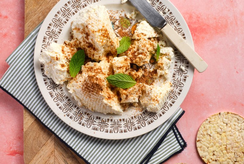 Ricotta, Muscovado Sugar, Cinnamon & Mint on Corn Thins slices