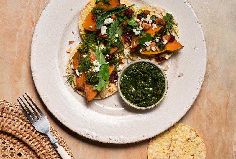 Roast Pumpkin, Feta, Zhoug, Kale, Almonds, Cranberries & Herbs on Corn Thins slices