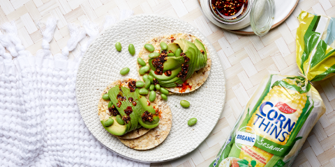 Avocado, radish, EVOO & Dukkah on Corn Thins slices