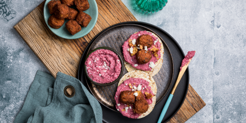 Beetroot hummus, veggie bites & feta on Corn Thins slices